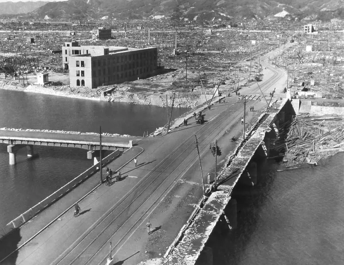 Framed Print : Hiroshima about a month after the Atomic Bombing of August 6, 1945. View from roof of Chamber of Commerce building. Some people walk amid the ruins. Ca. Sept.-Oct. 1945