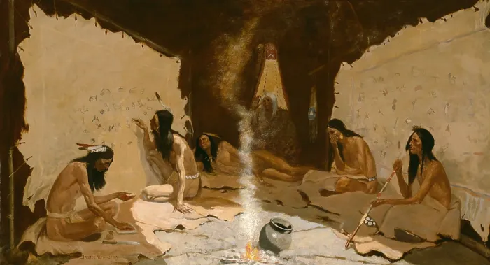 Framed Print : HISTORIANS OF THE TRIBE, ca. 1890, by Frederic Remington. Five young men paint a winter count, in an Indian interior Framed Print : HISTORIANS OF THE TRIBE, ca. 1890, by Frederic Remington. Five young men paint a winter count, in an Indian interior