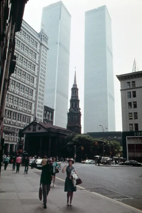 Framed Print : Historic St. Paul's Chapel, built in 1766, on Lower Broadway in the Financial District. Behind looms the Twin Towers of the World Trade Center Framed Print : Historic St. Paul's Chapel, built in 1766, on Lower Broadway in the Financial District. Behind looms the Twin Towers of the World Trade Center