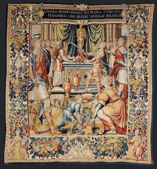 Framed Print : The History of Hannibal: Hannibal's Oath. ca. 1570. Sacrifice and oath against the Romans in front of his father Hamilcar Barca. First cloth preserved in the series
