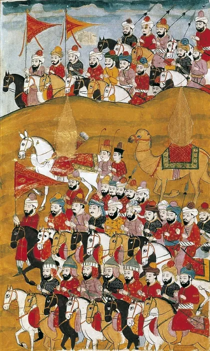 Framed Print : History of Muhammad and the First Four 'Rightly Guided' Caliphs. Muhammad and his calvarymen. Persian art. Miniature Painting. FRANCE. Paris. National Library