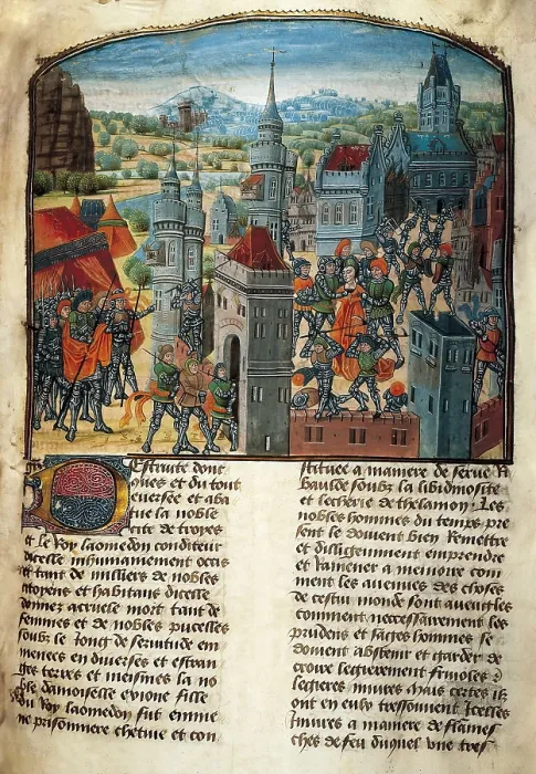 Framed Print : History of Troy. Heracles takes Troy and captures king Laomedn. Miniature of the 15th c. Gothic art. Miniature Painting. ITALY. Turin. National Library of the Turin University Framed Print : History of Troy. Heracles takes Troy and captures king Laomedn. Miniature of the 15th c. Gothic art. Miniature Painting. ITALY. Turin. National Library of the Turin University