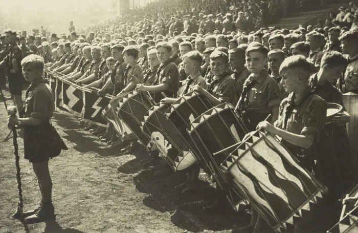 Framed Print : Hitler Youth drum corps at a rally. Their drums bear skull and runics symbols of the Elite Nazi SS troops. Ca. 1935-39. (BSLOC_2014_7_16)