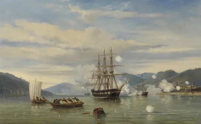 Framed Print : HNLMS Steam Warship Medusa Forcing Passage through Shimonoseki Strait, by Jacob van Heemskerck, 1864, Dutch painting, oil on canvas Framed Print : HNLMS Steam Warship Medusa Forcing Passage through Shimonoseki Strait, by Jacob van Heemskerck, 1864, Dutch painting, oil on canvas