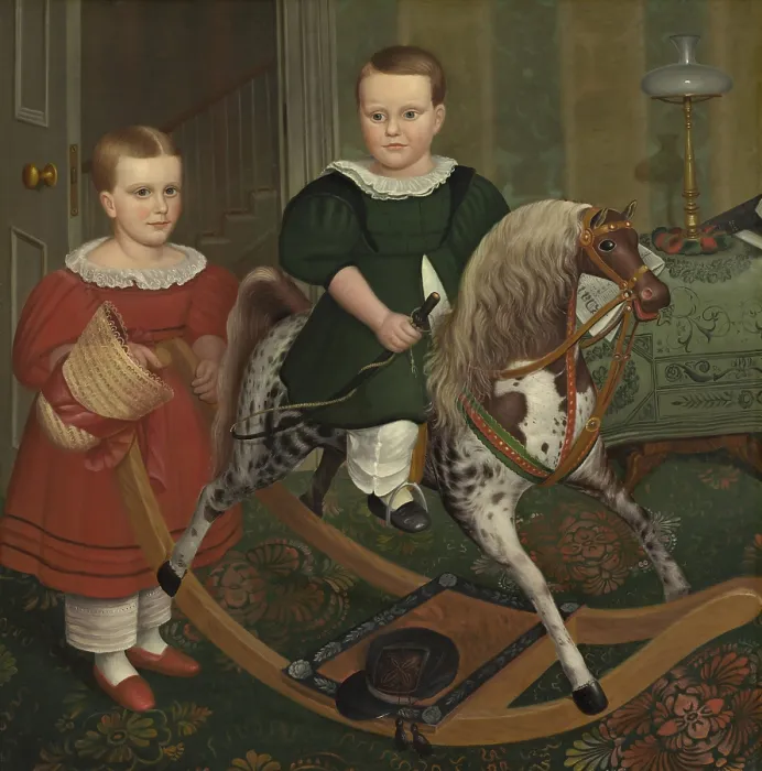 Framed Print : The Hobby Horse, by Robert Peckham, 1840, American Nave painting, oil on canvas. The hide-covered hobby horse, has a real horsehair mane and tail Framed Print : The Hobby Horse, by Robert Peckham, 1840, American Nave painting, oil on canvas. The hide-covered hobby horse, has a real horsehair mane and tail