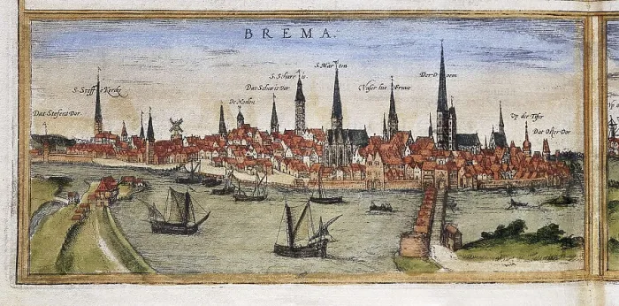 Framed Print : HOGENBERG, Franz (1535-1590). Civitatis Orbis Terrarum. 1572-1617. Bremen (1572). Lower left detail