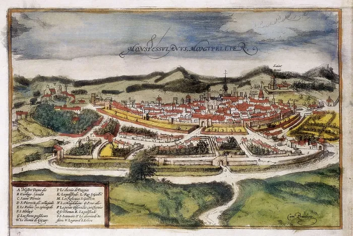 Framed Print : HOGENBERG, Franz (1535-1590). Civitatis Orbis Terrarum. 1572-1617. Montpellier (1572). Engraving for the volume I of 'Civitatis Orbis Terrarum', by George Braun