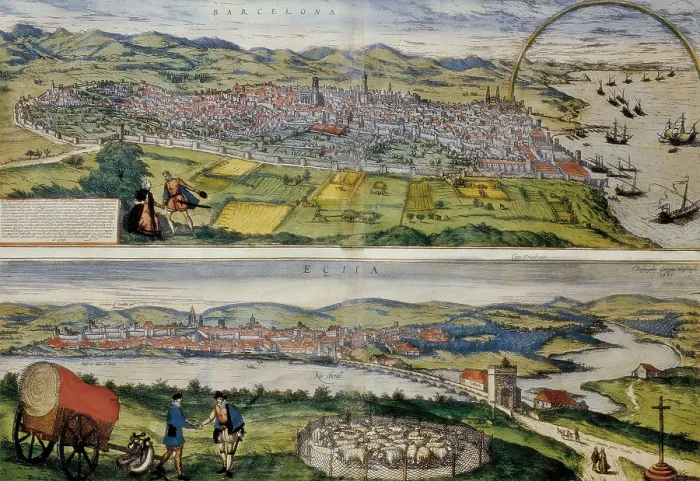 Framed Print : HOGENBERG, Franz (1535-1590). Civitatis Orbis Terrarum. 1572-1617. Map of Barcelona (upper part) and Ecija (1567) Framed Print : HOGENBERG, Franz (1535-1590). Civitatis Orbis Terrarum. 1572-1617. Map of Barcelona (upper part) and Ecija (1567)