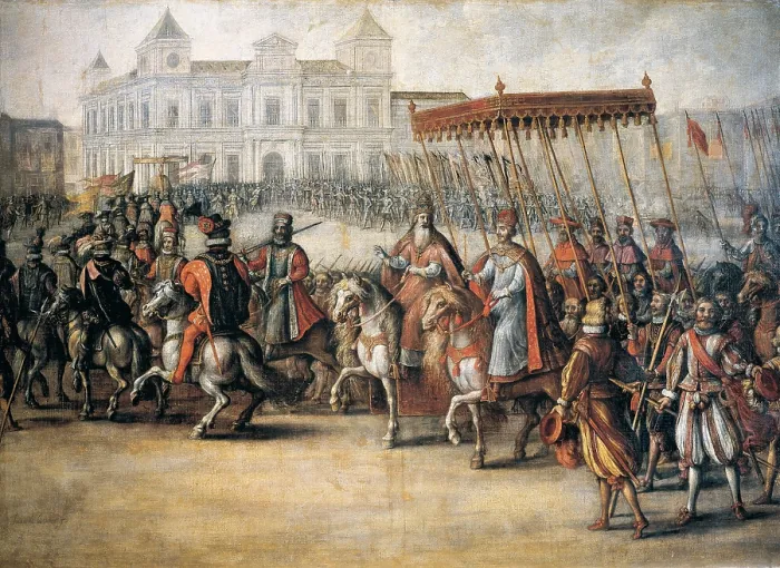 Framed Print : HOGENBERG, Nicolas (1500-1539). The Coronation of Charles V in Bologna. Retinue with Emperor Charles Carlos V and Pope Clement VII (28th June 1519). Flemish art. Oil on canvas
