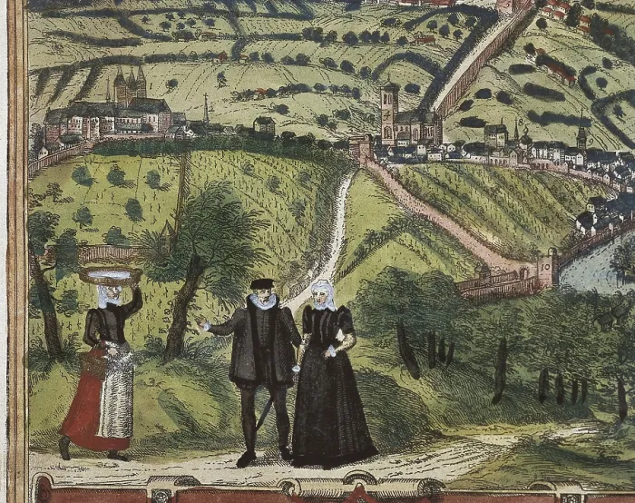 Framed Print : HOGENBERGFranz (1535-1590). Civitatis Orbis Terrarum. 1572-1617. Detail of the map of Burgos with shepherds and cattle (1576)