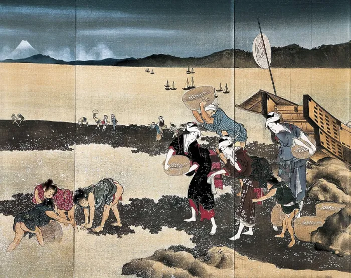 Framed Print : HOKUSAI, Katsushika (1760-1849). Mussel Fishing. Work belonging to 'ukiyo-e' genre. Japanese art. Tokugawa shogunate period. Painting. Private Collection
