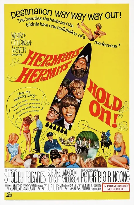 Framed Print : HOLD ON!, US poster art, Herman's Hermits; clockwise from bottom left inset: Derek Leckenby, Keith Hopwood, Barry Whitwam, Karl Green, Peter Noone, 1966 Framed Print : HOLD ON!, US poster art, Herman's Hermits; clockwise from bottom left inset: Derek Leckenby, Keith Hopwood, Barry Whitwam, Karl Green, Peter Noone, 1966