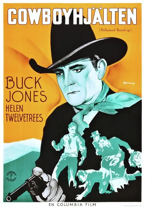 Framed Print : HOLLYWOOD ROUND-UP, (aka COWBOYHJALTEN), Buck Jones on Swedish poster art, 1937 Framed Print : HOLLYWOOD ROUND-UP, (aka COWBOYHJALTEN), Buck Jones on Swedish poster art, 1937