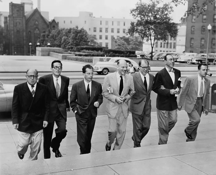Framed Print : Hollywood writers go on trial. Seven Hollywood writers and directors arrive at court for trial on contempt of Congress