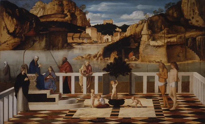 Framed Print : Holy Allegory, by Bellini Giovanni, 16th Century, 1500 -1505 about, oil on panel, cm 73 x 119 - Italy, Tuscany, Florence, Uffizi Gallery Framed Print : Holy Allegory, by Bellini Giovanni, 16th Century, 1500 -1505 about, oil on panel, cm 73 x 119 - Italy, Tuscany, Florence, Uffizi Gallery