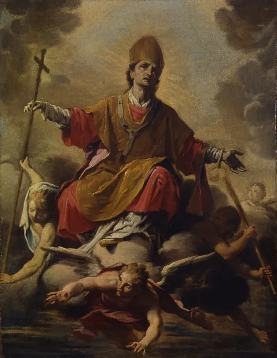 Framed Print : Holy Bishop in Glory, by Antonio Lucini, 18th Century, oil on canvas - Italy, Lombardy, Milan, Castello Sforzesco, Civic Collections of Ancient Art. Whole artwork view