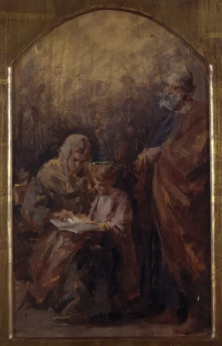 Framed Print : Holy Family, by Demetrio Cosola, 1870 - 1895, 19th Century, oil on board - Private Collection. Whole artwork view. Maria is teaching Baby Jesus to read, as Joseph look at them Framed Print : Holy Family, by Demetrio Cosola, 1870 - 1895, 19th Century, oil on board - Private Collection. Whole artwork view. Maria is teaching Baby Jesus to read, as Joseph look at them