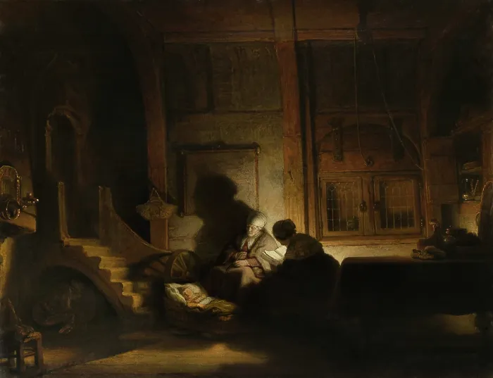 Framed Print : The Holy Family at Night, by workshop of Rembrandt van Rijn, 1642-48, Dutch painting, oil on panel. Interior lit by candlelight, Mary reads from a book