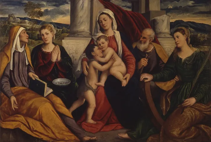 Framed Print : Holy Family with Saint John the Baptist, Saint Elizabeth, Saint Lucy, Saint Catherine of Alexandria, by Bonifacio Veronese known as Bonifacio de Pitati and other, 1510-1550