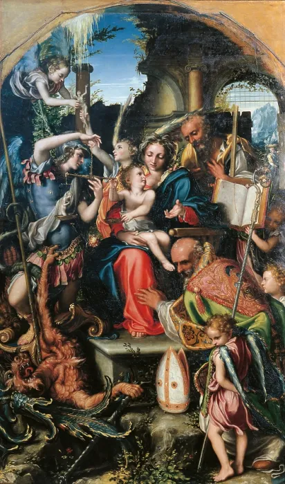 Framed Print : Holy Family with St Michael the Archangel and the Devil Contending for Souls, St Bernard and the Angels, by Giorgio Gandini del Grano, 1535 about, 16th Century, oil on panel