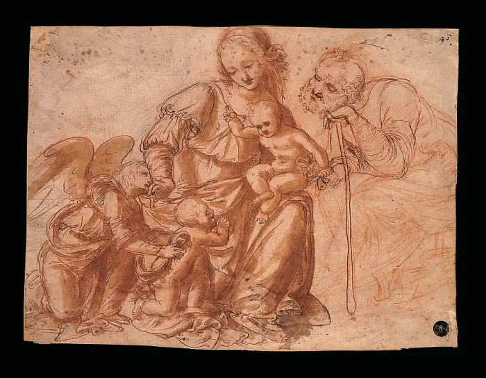 Framed Print : Holy Family with young St John and an angel, by Marco dOggiono, 16th Century, red ink and water wash, - Italy, Veneto, Venice, Accademia Art Galleries Framed Print : Holy Family with young St John and an angel, by Marco dOggiono, 16th Century, red ink and water wash, - Italy, Veneto, Venice, Accademia Art Galleries
