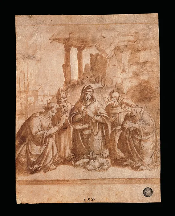 Framed Print : Holy Family with young St John and an angel, by Marco dOggiono, 16th Century, red ink and water wash, - Italy, Veneto, Venice, Accademia Art Galleries Framed Print : Holy Family with young St John and an angel, by Marco dOggiono, 16th Century, red ink and water wash, - Italy, Veneto, Venice, Accademia Art Galleries