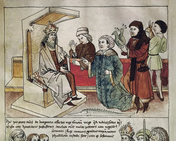 Framed Print : Holy Roman Empire. Sigismund I receiving the hommage of the subjugated people. Picture of the Chronical of the Council of Constance by Ulrich von Richental. Gothic art
