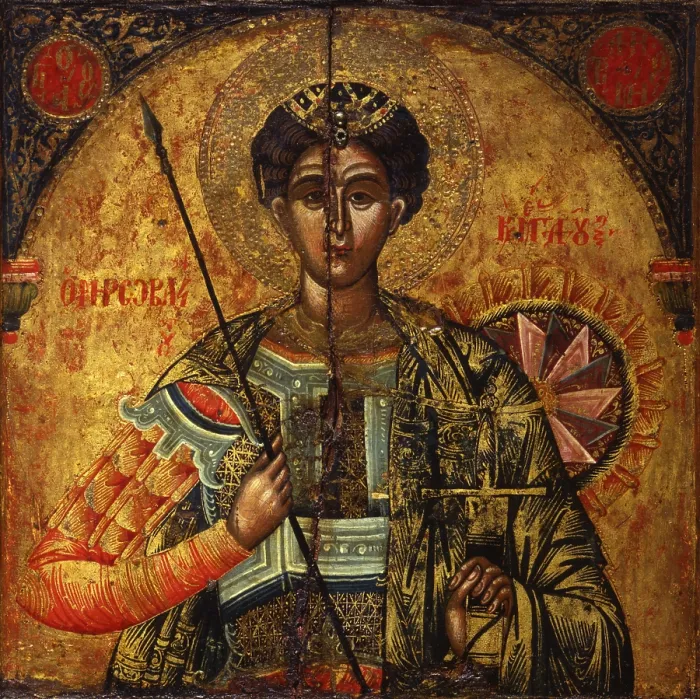 Framed Print : The Holy Warrior Demetrio, by Nikolla, tempera on wood - Albania, Berat, Church of Annunciation. Detail. Detail of the bust of the saint, with armor, sword and spear Framed Print : The Holy Warrior Demetrio, by Nikolla, tempera on wood - Albania, Berat, Church of Annunciation. Detail. Detail of the bust of the saint, with armor, sword and spear