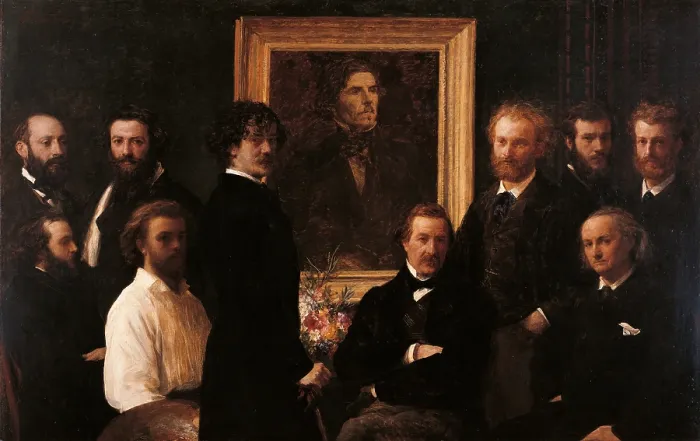 Framed Print : Homage to Delacroix, by Henri Fantin-Latour, 1864, 19th Century, oil on canvas - France, Paris, Muse d'Orsay. Whole artwork view. The painter with his colleagues in his study Framed Print : Homage to Delacroix, by Henri Fantin-Latour, 1864, 19th Century, oil on canvas - France, Paris, Muse d'Orsay. Whole artwork view. The painter with his colleagues in his study
