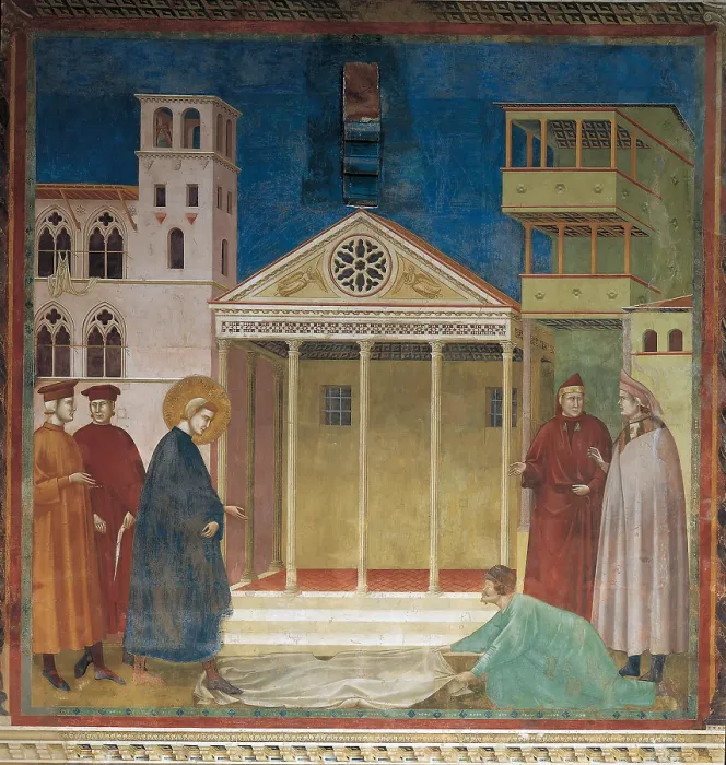 Framed Print : The Homage of the Simple Man, by Giotto, 1300 - 1305 about, 14th Century, fresco, cm 270 x 230 - Italy, Umbria, Perugia, Assisi, Upper Basilica of San Francesco, nave. All