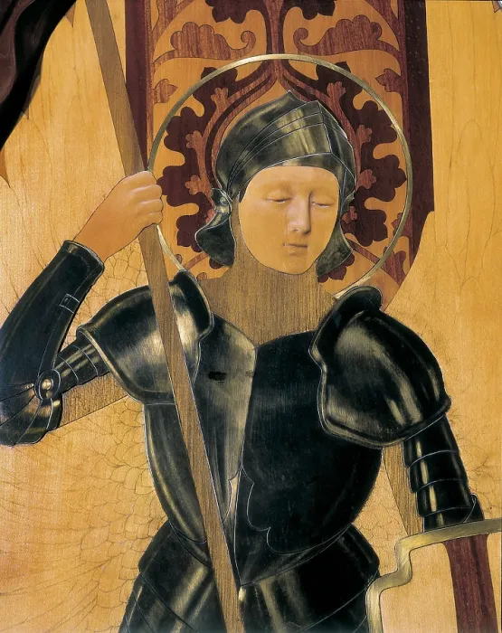 Framed Print : HOMAR i MESQUIDA, Gaspar (1870-1953). Saint George. ca. 1901-1905. Headboard made with mahogany wood, carving, marquetry and metallic inlaids. Detail. Modernism. Furniture