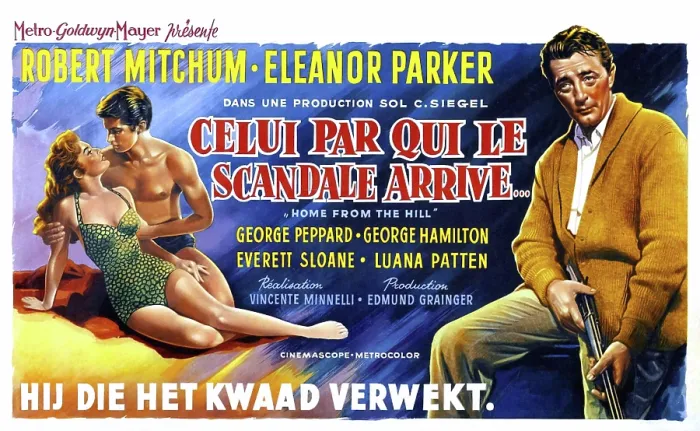 Framed Print : HOME FROM THE HILL (aka CELUI PAR QUI LE SCANDALE ARRIVE), from left: Luana Patten, George Peppard, Robert Mitchum, (Belgian poster art), 1960