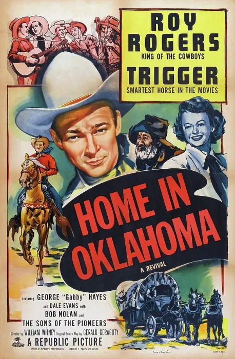 Framed Print : HOME IN OKLAHOMA, poster art, top: Sons of the Pioneers, center l-r: Roy Rogers (also riding Trigger the Horse), George Gabby Hayes, Dale Evans, 1946