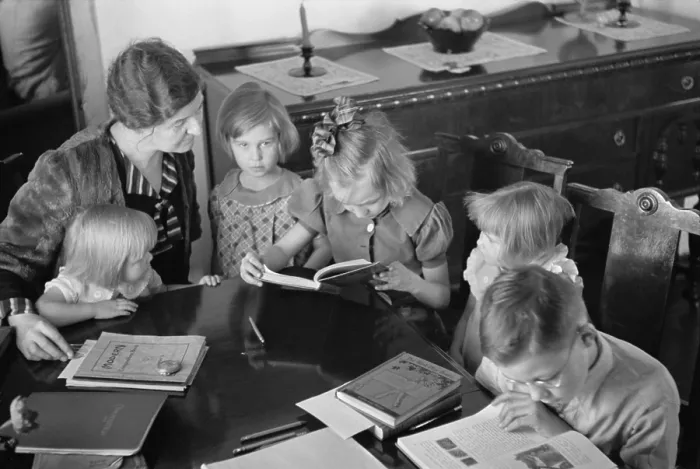 Framed Print : Home schooling of five children at the New Deal experimental community Westmoreland Homesteads, Mount Pleasant, Pennsylvania