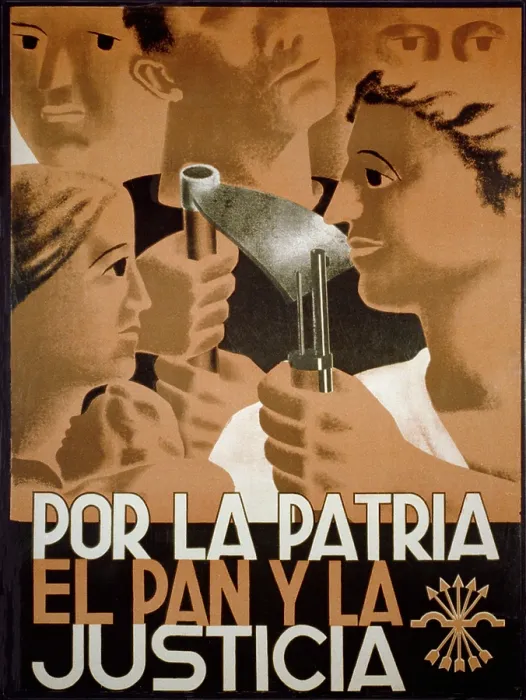 Framed Print : FOR THE HOMELAND, BREAD AND JUSTICE. Spanish Civil War poster presenting Nationalist propaganda. Image is a collage of stylized faces, with men holding a hoe and rifle