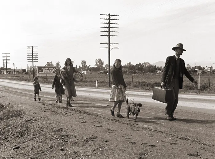 Framed Print : Homeless migrant family of seven, walking the highway from Phoenix, Arizona, where they picked cotton