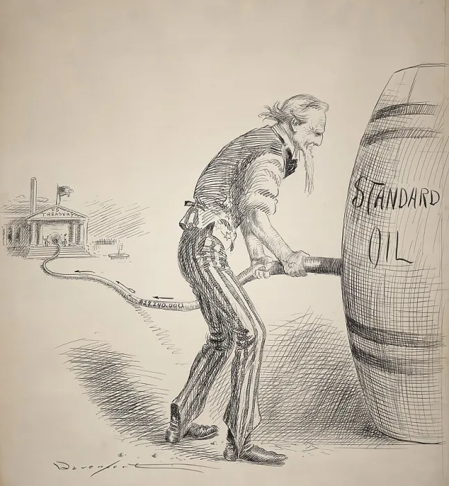 Framed Print : Homer Davenport cartoon celebrating the $29, 240, 000 fine levied against Standard Oil Company of Indiana for accepting illegal rebates. August 1907