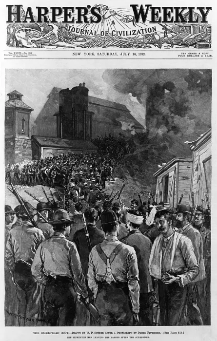 Framed Print : The Homestead riot. The Pinkerton men leaving the barges after the surrender of the strikers. Woodcut, 1892