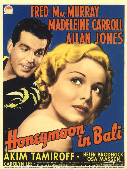 Framed Print : HONEYMOON IN BALI, from left: Fred MacMurray, Madeleine Carroll on midget window card, 1939