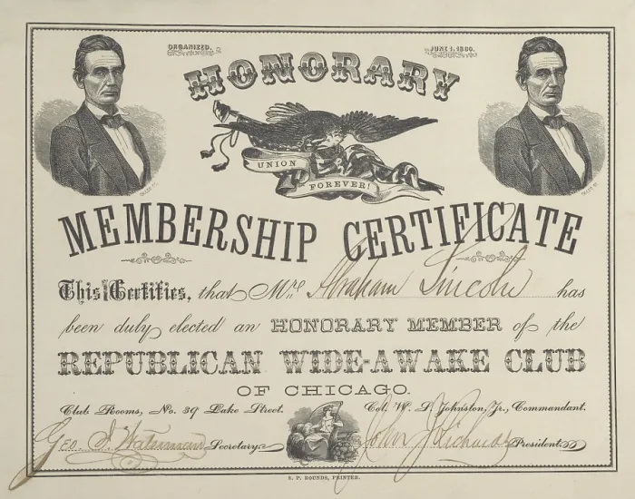 Framed Print : Honorary membership certificate for Abraham Lincoln in the Republican Wide-Awake Club of Chicago