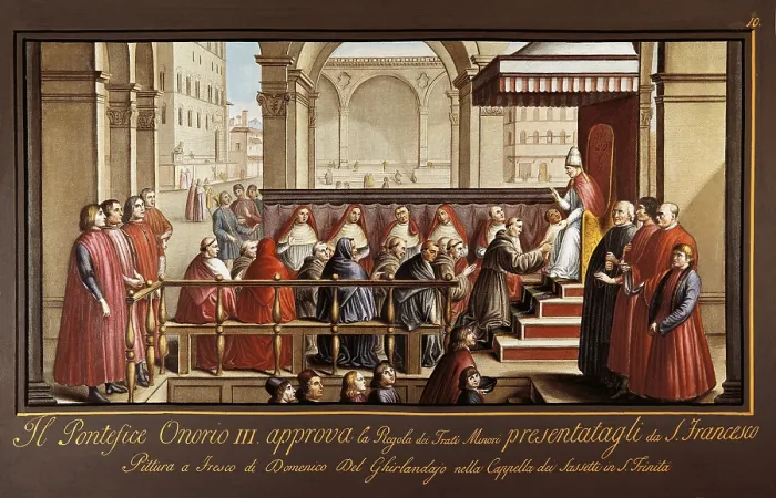Framed Print : HONORIUS III (1150-1227). Pope from 1216 to 1227. The Approval of the Order. Work by GHIRLANDAIO, Domenico di Tommaso Bigordi, called (1449-1494). Renaissance art. Quattrocento
