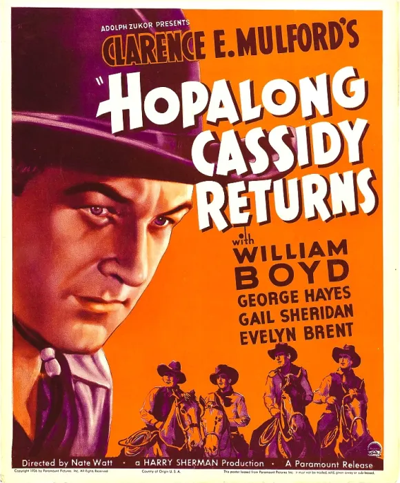 Framed Print : HOPALONG CASSIDY RETURNS, left: William Boyd on window card, 1936