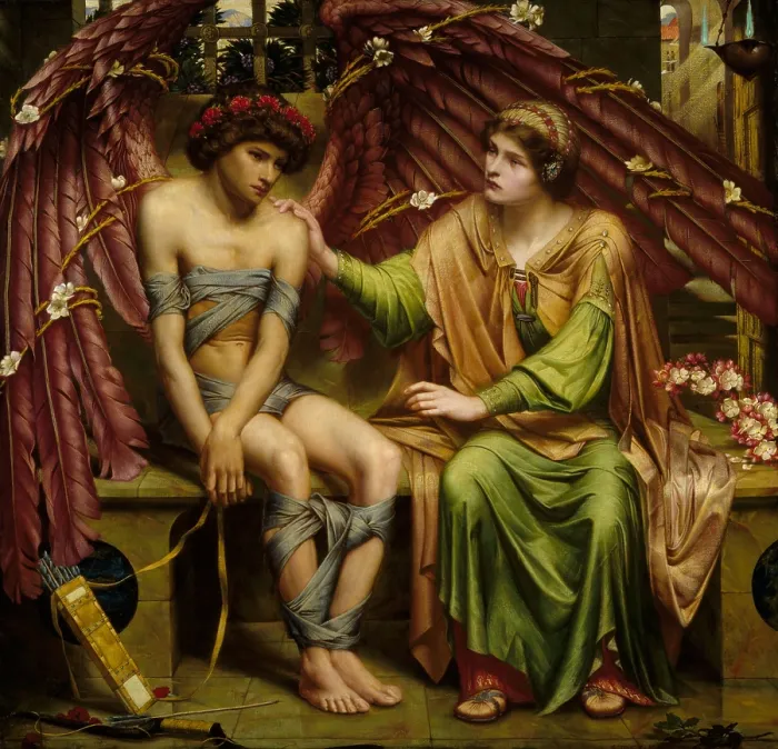Framed Print : Hope Comforting Love in Bondage, 1901, by Sidney Harold Meteyard, 1868-1947, English painting, oil on canvas. A winged young man symbolizes bondage Framed Print : Hope Comforting Love in Bondage, 1901, by Sidney Harold Meteyard, 1868-1947, English painting, oil on canvas. A winged young man symbolizes bondage