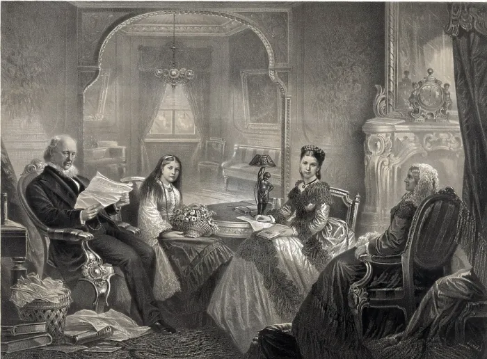 Framed Print : Horace Greeley (1811-1872) shown at New York City home with his wife and daughters, ca. 1860