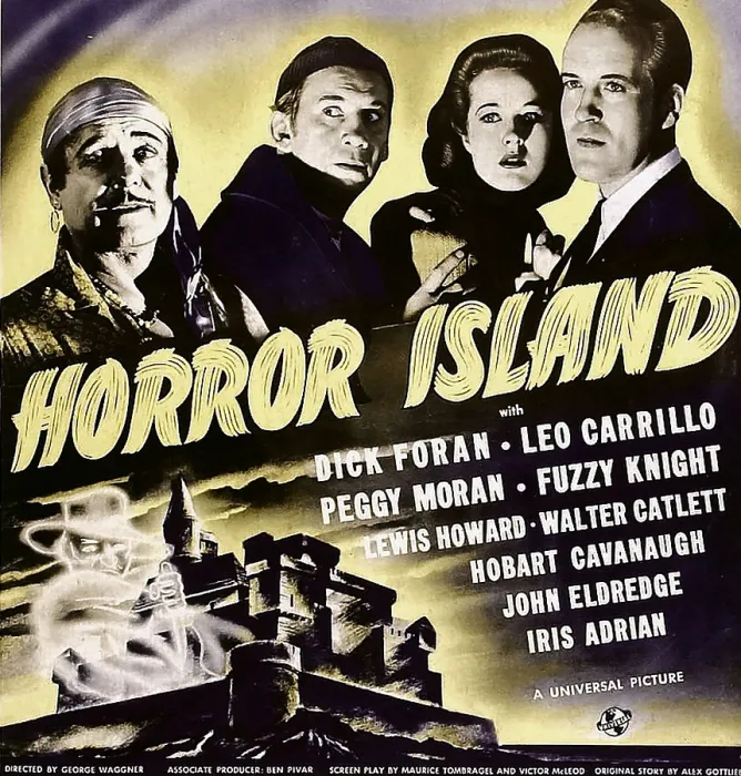 Framed Print : HORROR ISLAND, from left: Leo Carrillo, Fuzzy Knight, Peggy Moran, Dick Foran on window card, 1941 Framed Print : HORROR ISLAND, from left: Leo Carrillo, Fuzzy Knight, Peggy Moran, Dick Foran on window card, 1941