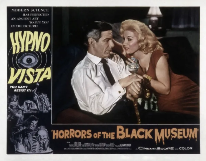 Framed Print : HORRORS OF THE BLACK MUSEUM, (aka CRIME IN THE MUSEUM OF HORRORS), Michael Gough, June Cunningham, 1959