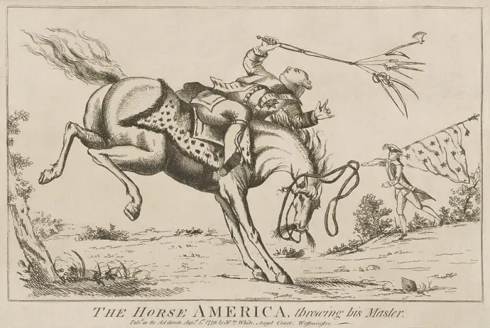 Framed Print : The Horse America, Throwing His Master, British political cartoon by William White, Aug. 1, 1779. The rider being thrown is King George III