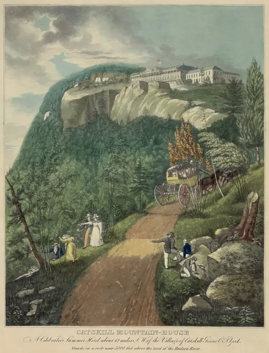Framed Print : Horse drawn carriage making the 1 600-foot climb up the mountain road to the Catskill Mountain House a famous hotel overlooking the Hudson River Valley