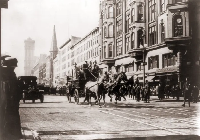 Framed Print : Horse-drawn fire engines in street, on their way to the Triangle Shirtwaist Company fire, New York City Framed Print : Horse-drawn fire engines in street, on their way to the Triangle Shirtwaist Company fire, New York City
