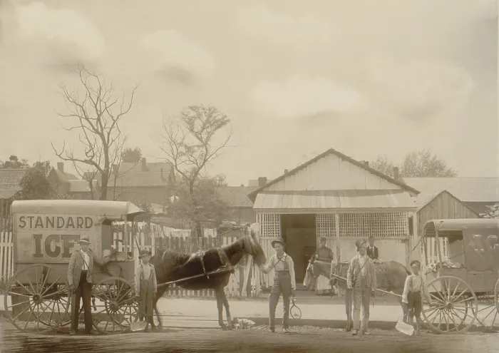 Framed Print : Horse-drawn ice wagon and workers preparing for their day's work delivery ice for the ice box refrigerators ca. 1899
